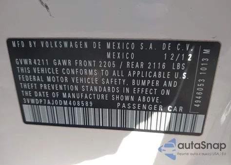 2013 Volkswagen Jetta 2.5L Se z USA, uszkodzony, nr VIN 3VWDP7AJ0DM408589